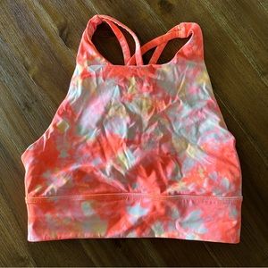 Lululemon High Neck LL Energy Bra in Pink, White, & Orange Tie Dye